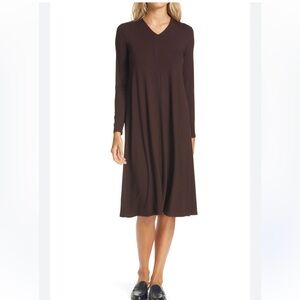 EILEEN FiSHER Women XS Viscose Jersey Stretchy V-Neck Long Sleeve Midi Dress